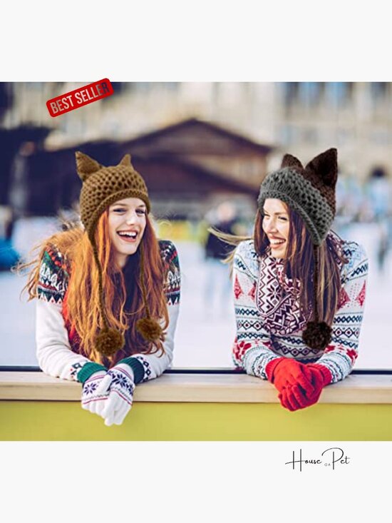 Cat Ear Beanie with Ear Flap Pompom Cute Fox Ears Hat Y2K Gothic Knit Beanie